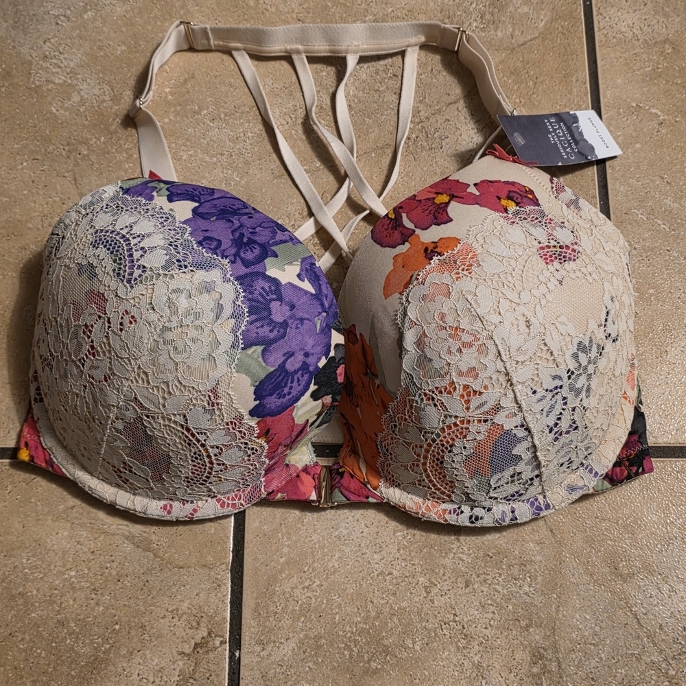 Cacique Beige Floral Lace Push-Up Bra with Multicolor Flowers